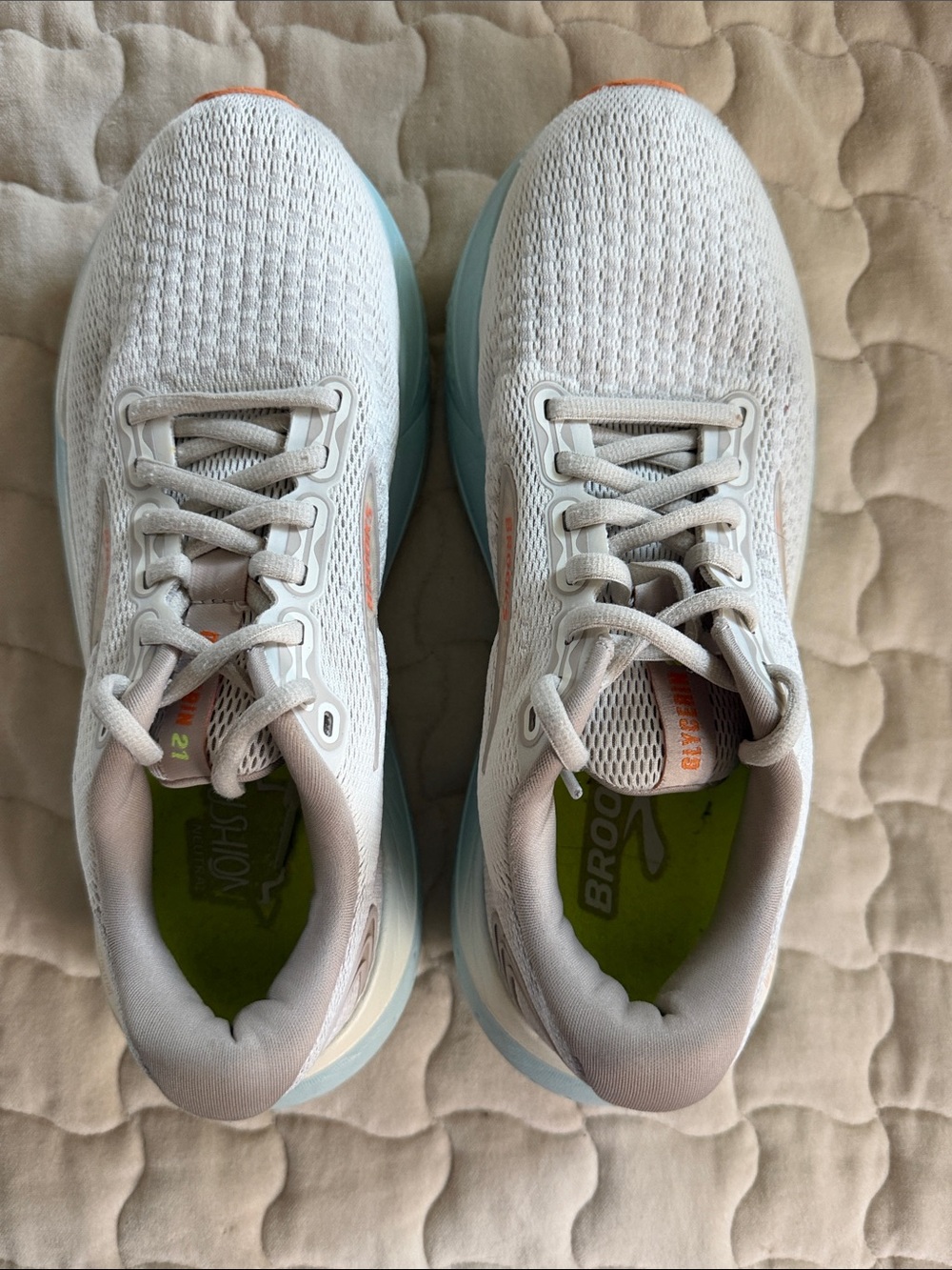 Brooks White Running Shoes with Light Blue and Coral Highlights